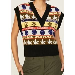 Sandro Smiley Connor Wool and Cashmere-Blend Swearter Vest Black Multi 1 US S